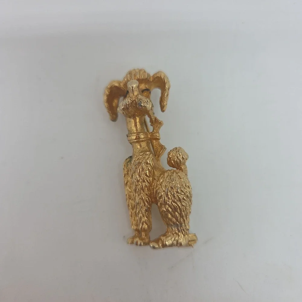 Vintage Poodle Dog Brooch Pin Gold Tone